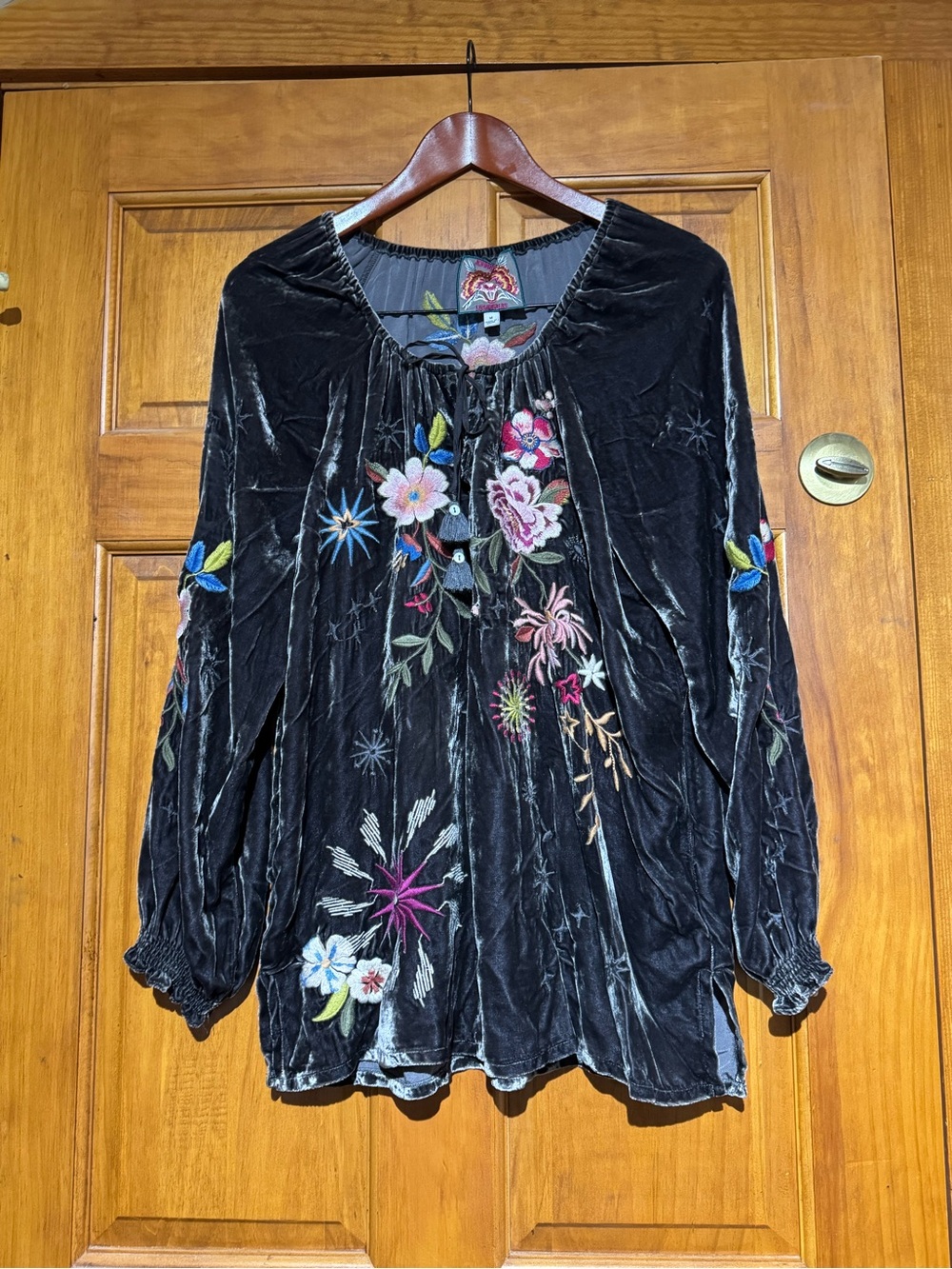Johnny Was Black Velvet Embroidered Floral Peasant Tunic